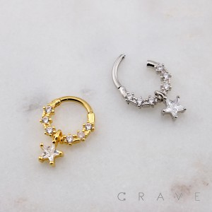 316L SURGICAL STEEL CENTER STAR MULTI CZ SEPTUM HINGED SEGMENT HOOP RING